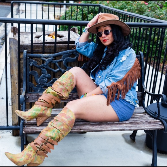 Distressed Denim Jacket with Brown Suede Fringe - Picture 5 of 7